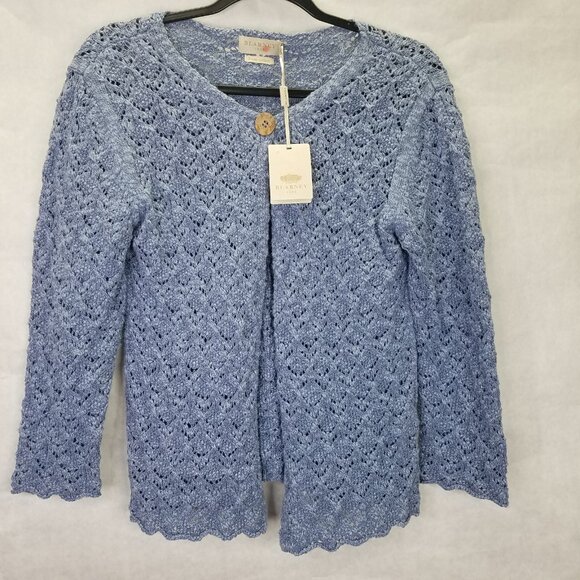 BLARNEY Woolen Mill Open Front Cardigan Women M Cotton Linen Denim Blue Knit NEW - Picture 8 of 14